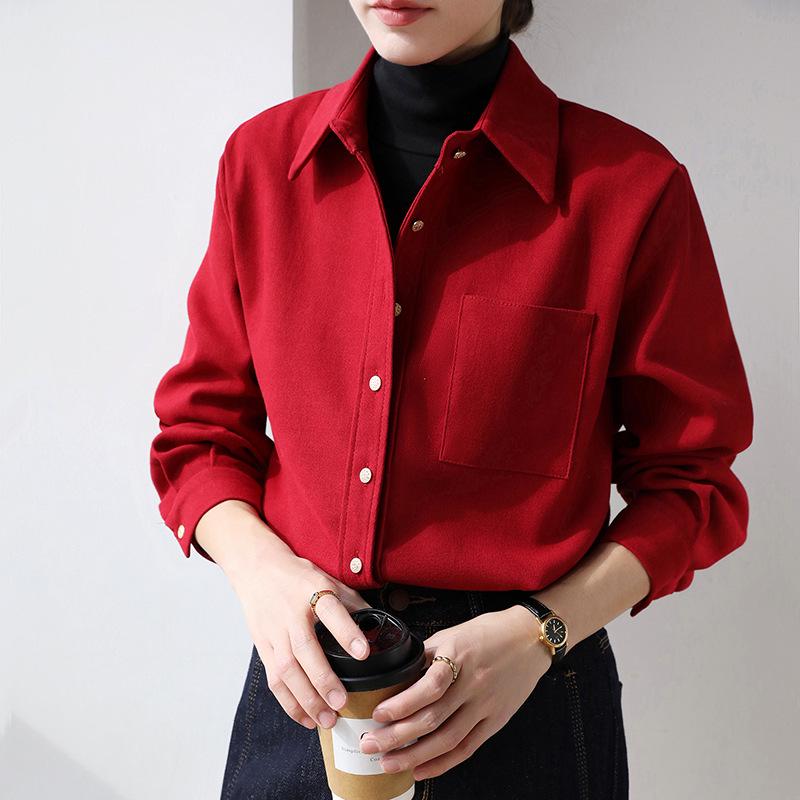 Women's Brushed Red Long Sleeve Shirt - High-End Base Layer for Autumn/Winter 2026, Perfect for Commute and Interviews.