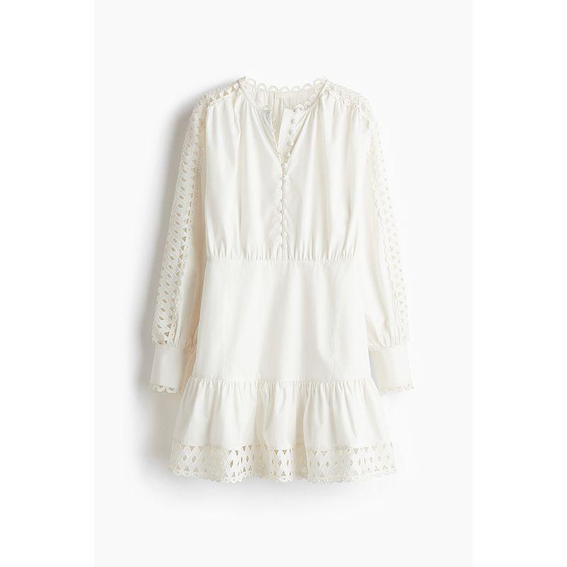 

HM Women s Clothing Fall 2025 New Lantern Sleeve Embroider Details Poplin Dress 1268160 White 160/88