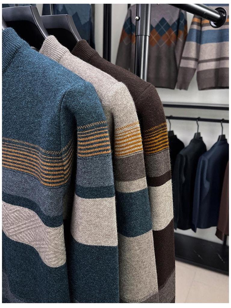 Men's Autumn/Winter 2025 Striped Knit Sweater - Middle-aged, Round Neck, Loose Fit, Elastic, Dad's Wardrobe Essential