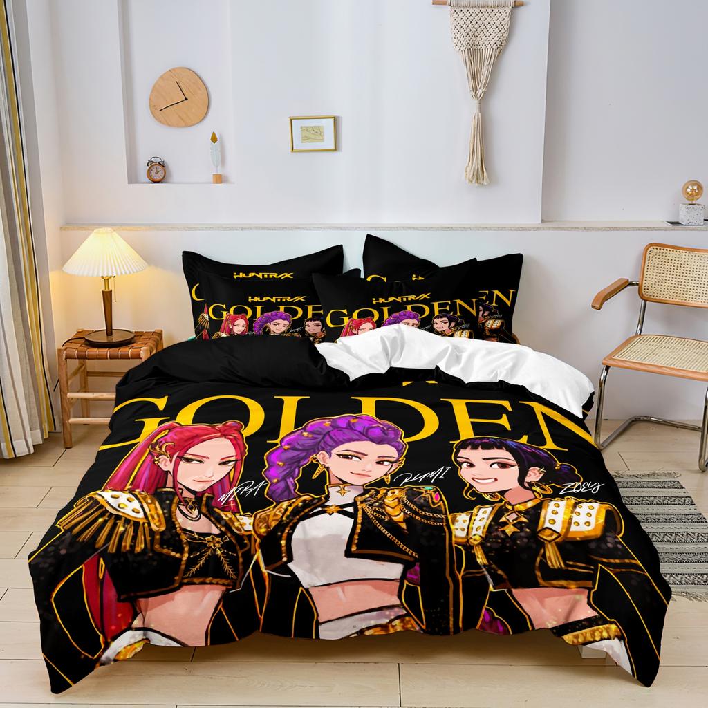 K-Pop Bedding Set Demon Hunters Themed Pink or Black Other Side Print Polyester Student Dormitory Duvet Cover Boys Girls Gift