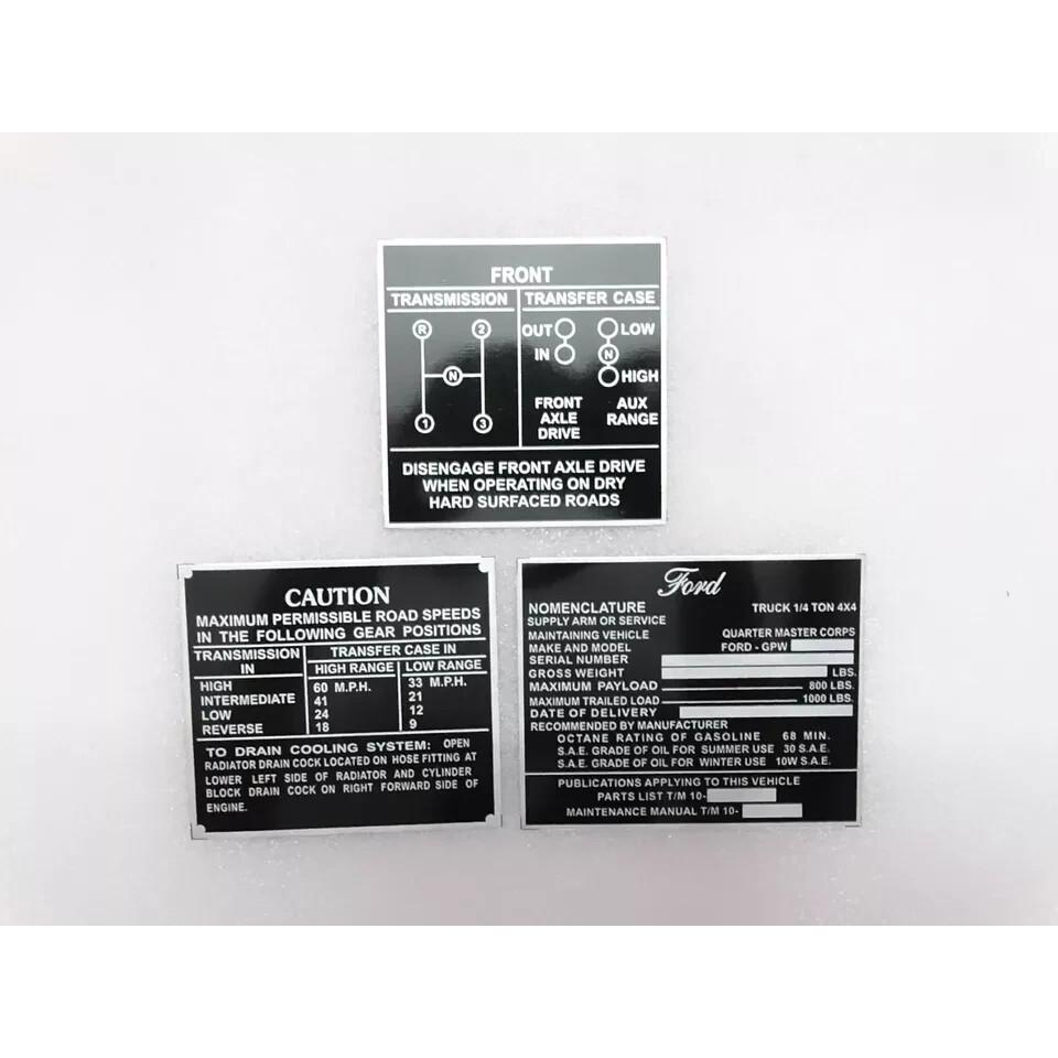 Dash Data Plate Aluminum Black Set Of 4 For Jeeps Willys Ford CJ2A CJ3A CJ3 |Fit