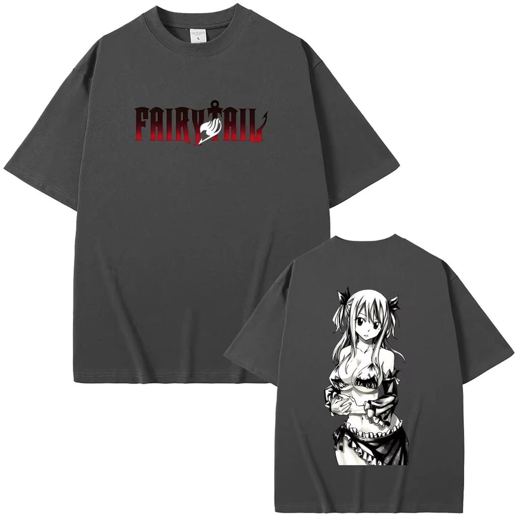Hot‑Sale Anime Fairy Tail Lucy Heartfilia Double‑Sided Graphic Print Unisex Fashion Casual Men's Loose Streetwear Short‑Sleeve T-shirt