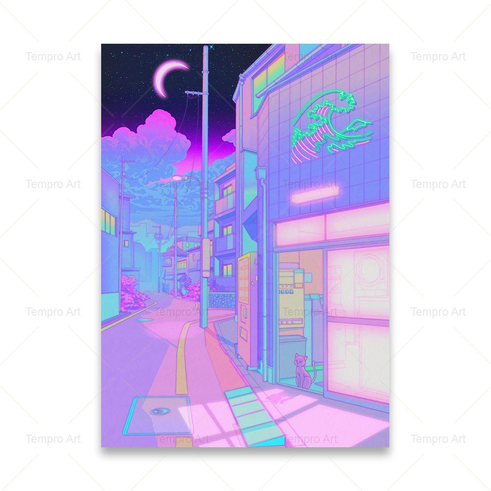 Poster im Vaporwave-Stil, japanische Stadt, Nacht, Straße, Pop, Kyoto, Poster, Leinwand, Gemälde, Wandkunst, Bild, Druck, Kawaii-Zimmer-Heimdekoration