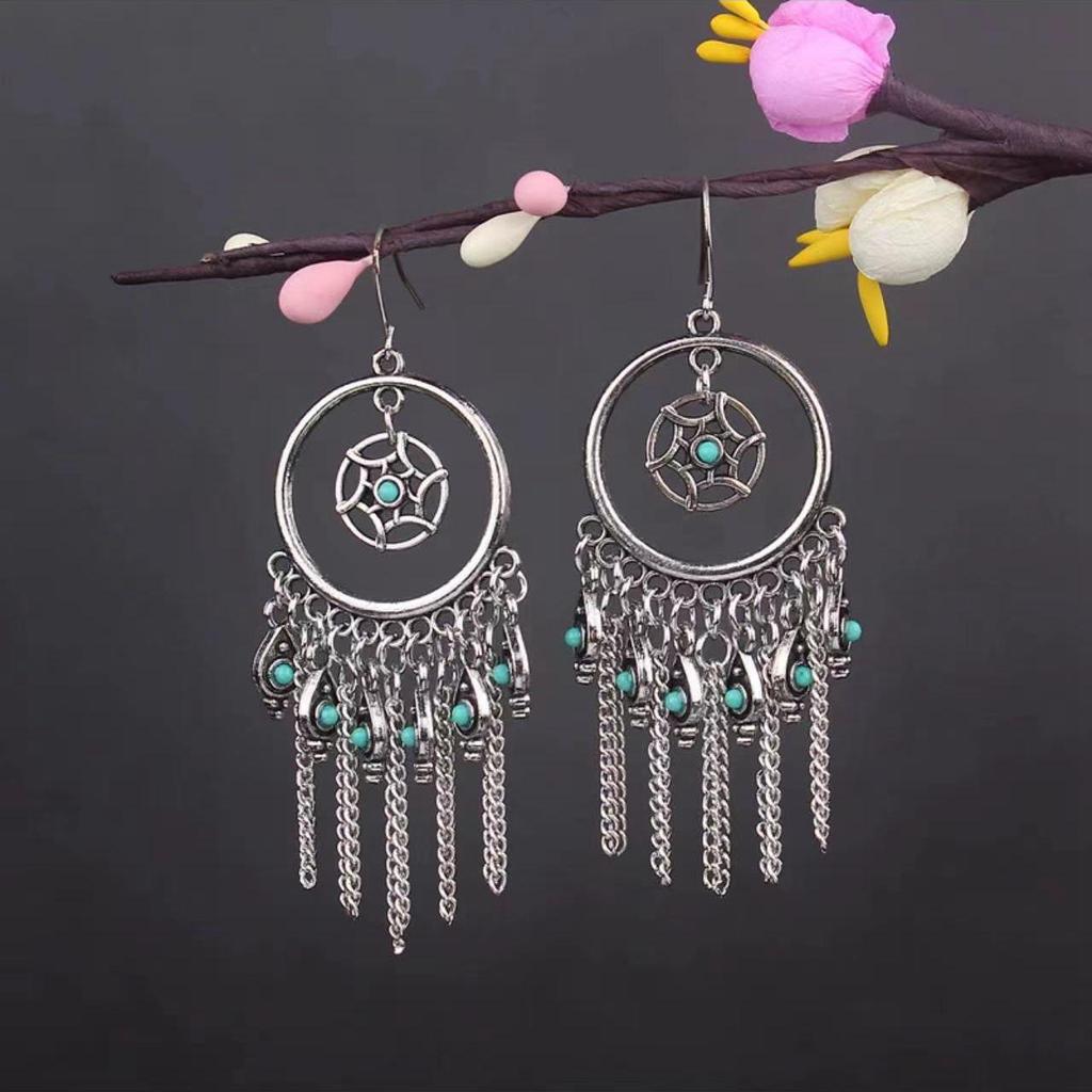 Bohemian Turquoise Owl Dream Catcher Tassel Earrings for Women