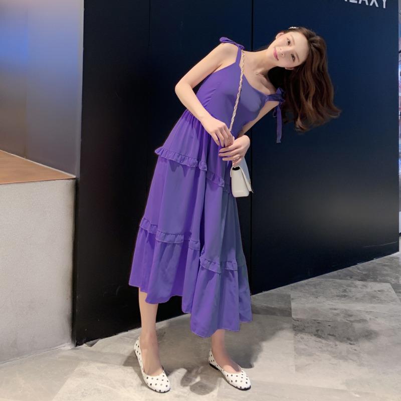 Sommer Neu Einfarbig Krawatte Schleife Sexy Träger Kleid Damen Retro Hohe Taille A-Linie Lässig Locker Lange Kleider Damen Mode Slim Fit Rüschen Elegantes Kleid 26371