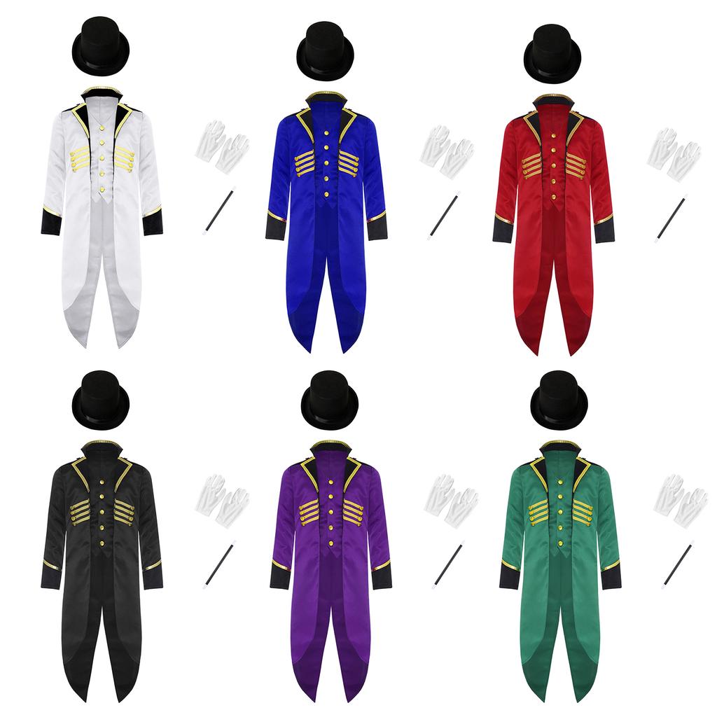 Dětský viktoriánský steampunkový kostýmový set Čtyřdílný smokingový frak s cylindrem, rukavicemi a kouzelnickou hůlkou Maškarní