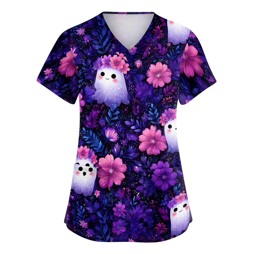 Women's V Neck Short Sleeve Work Top with Pockets Halloween Print Medical Uniform Shirt for Caregivers and Healthcare Professionals
