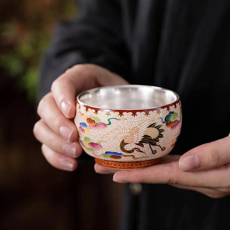 Серебряная чайная чашка 999 пробы с филигранью Дракон и Феникс, эмаль, ручная работа, чистая серебряная, позолоченная, Мастер-чашка, роскошный подарочный набор для коллекционеров 145ml
