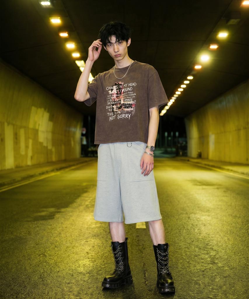 LENGAGEMENT Wide Fatigue Bermuda Sweat Shorts (Grey)