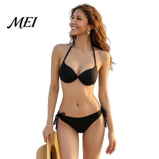 Sexy Bathing Suit Women Solid Color Bikini Set, Summer Two Piece Swimsuit, Halter Tie Underwire Top Slimming Beachwear & High Cut Bottom, for