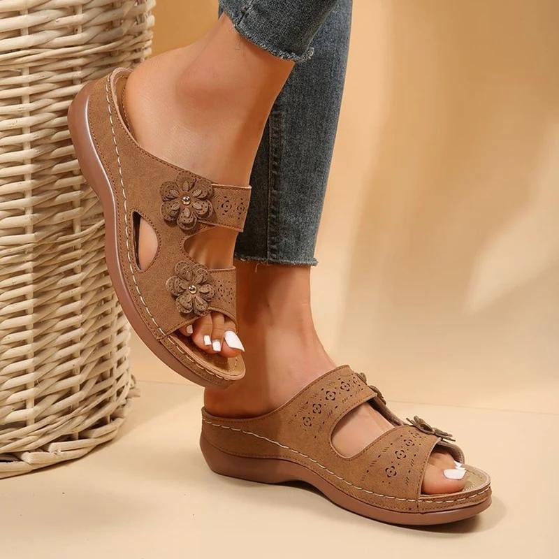 Fashion Flowers Platform Slippers for Women Summer Slip On Pu Leather Wedges Sandals Woman Comfort Non-Slip Beach Flip Flops