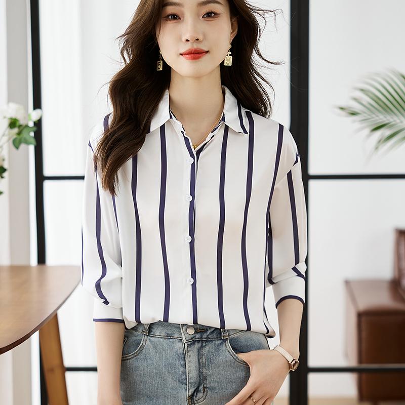 

Женские блузки рубашки 2025 весна длинный рукав женская блузка рубашка отложной воротник полосатая повседневная блузка рубашка женские топы J927 XL