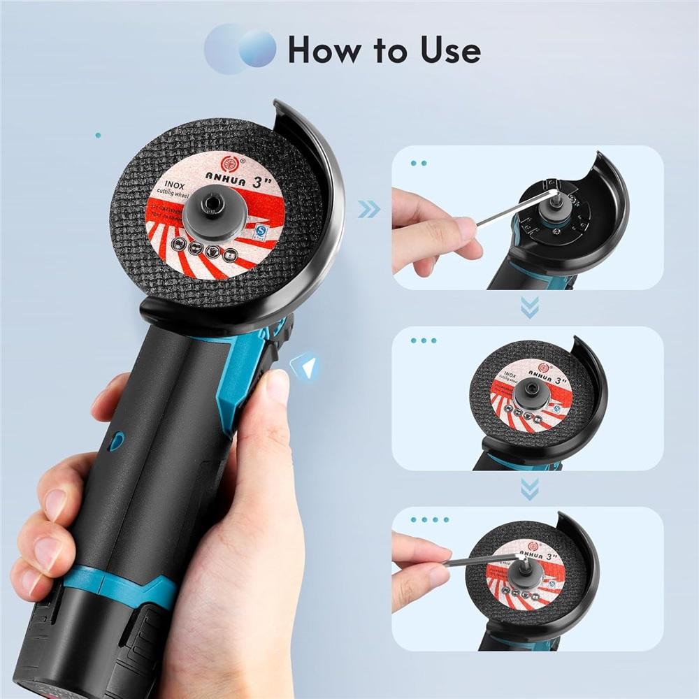 12V mini cordless angle polisher, comes with 2 1300mAh batteries, 19,500 RPM, 6 cutting discs, 3-inch/76mm side disc, polisher