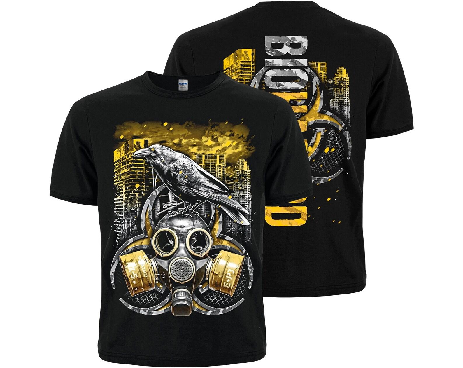 Post-Apocalyptic T-Shirt: Gas Mask, Raven, Burning City S