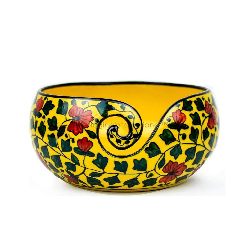 Ceramic Attractively Hand Painted Gorgeous Stoneware Yarn Ball Storage Bowl with Innovative Dispensing Curl (Medium, Yellow Shrubs)
