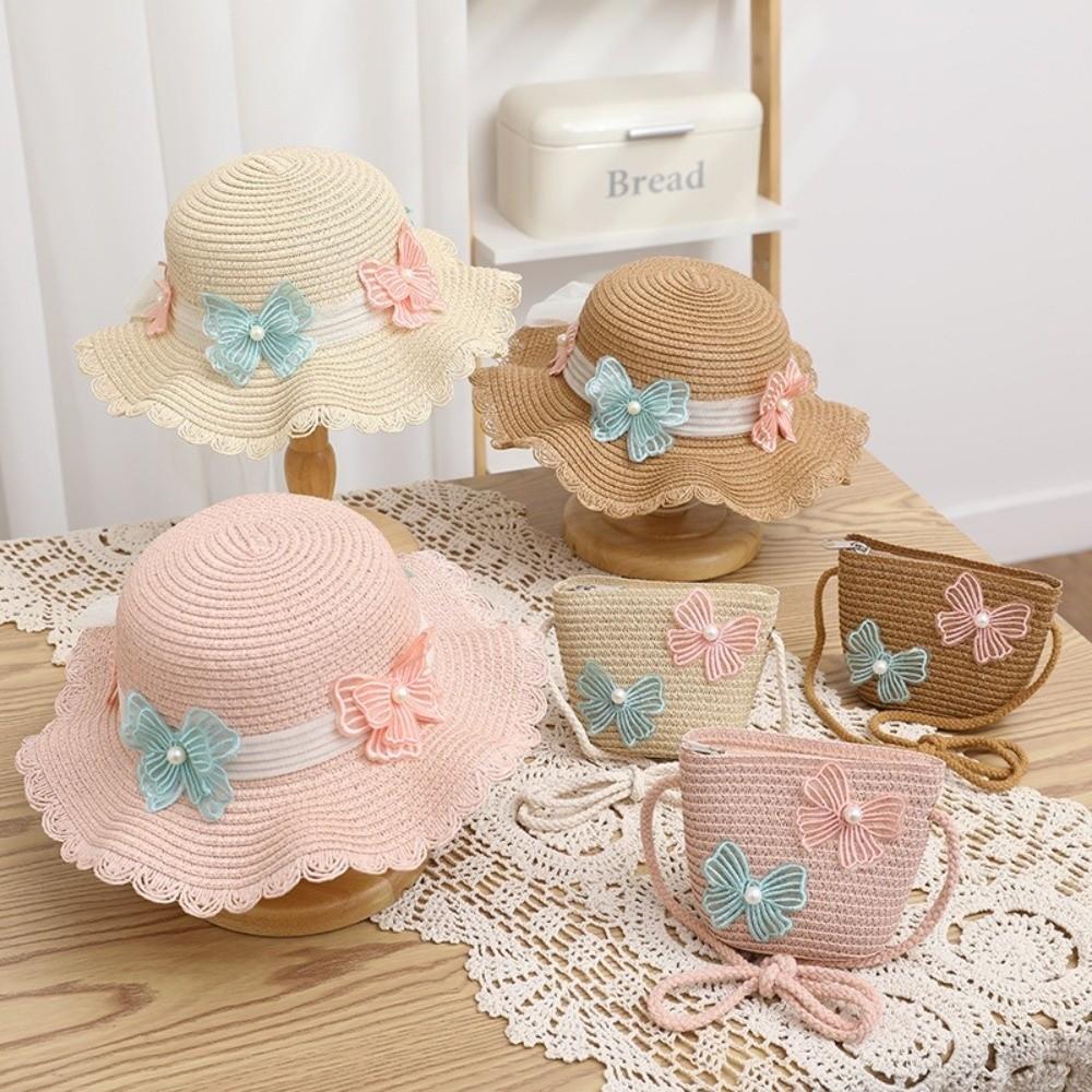 Wide Brim Straw Bag Cap Set Pearl Bow Style Sun Hat Sunscreen Sunshade Hat  for 2-8 Years Kids