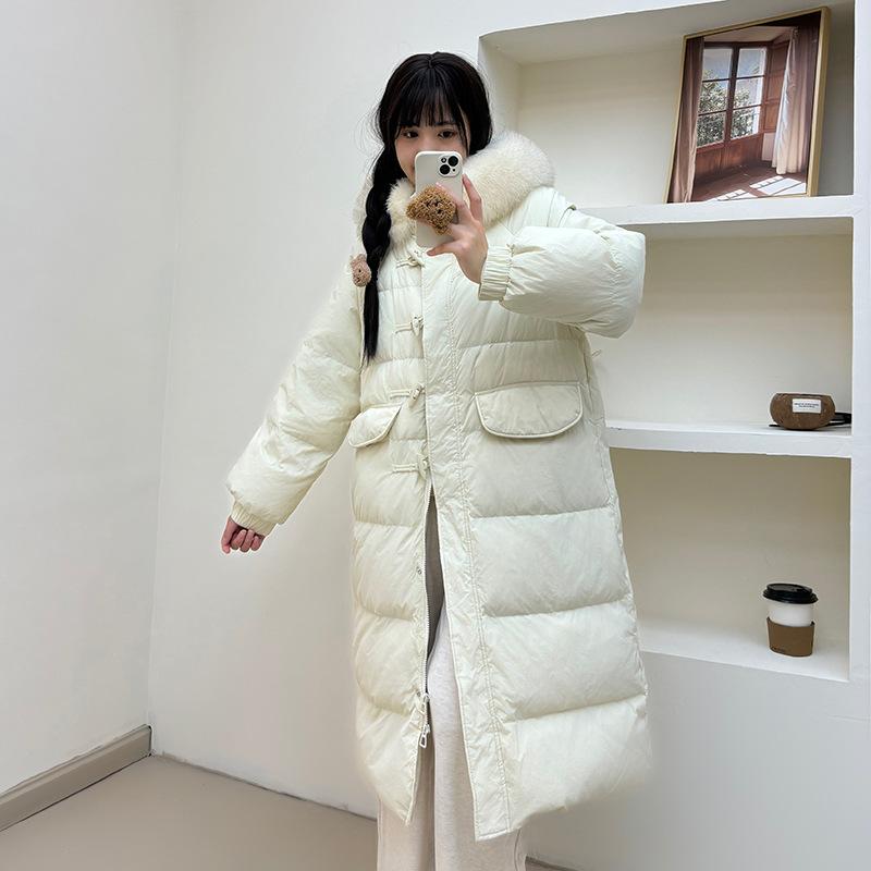 

Жіночий пуховик преміумкласу довгий 2025 зима новий великий хутряний комір потовщений пух білої качки тепла куртка тренд M