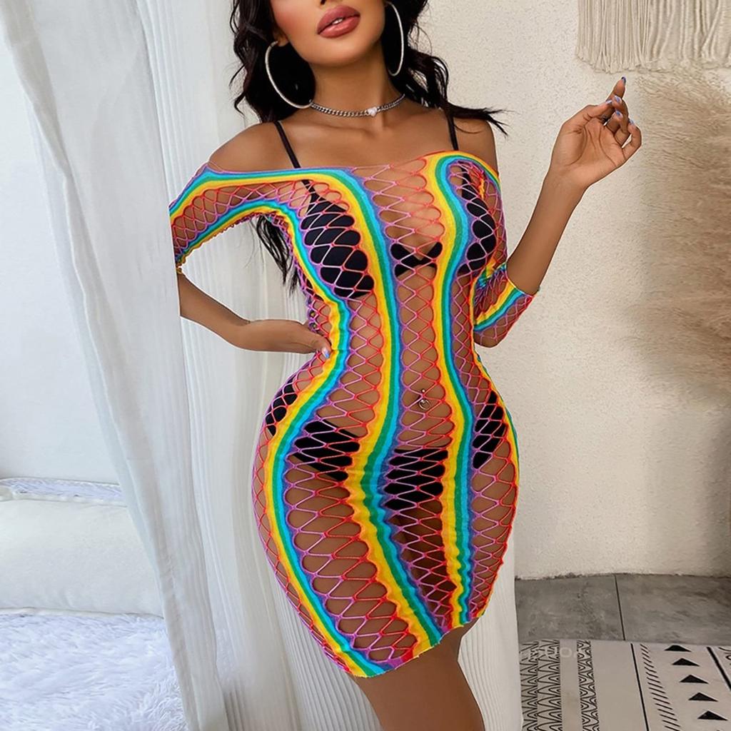 Women's Plus Size Lingerie Women Sexy Lingerie High Elastic Mesh Rainbow Swimsuit Hollow Fishing Net Sexy Tight Color