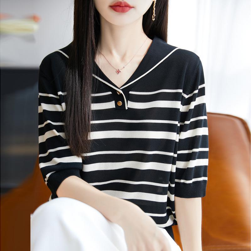 

Женский темно-синий полосатый трикотажный свитер - Универсальный модный топ с коротким рукавом и свободным кроем Medium