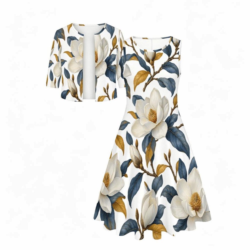 Women Plus Size Two Piece Set Round Neck Sleeveless Flared Dress Mid Sleeve Cropped Cardigan Blue White Floral Printed