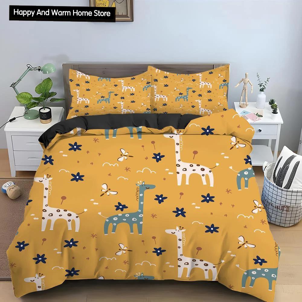 Cartoon Giraffe König Königin Bettbezug Jungen Mädchen Tier Bettwäsche Set Wildtiere Deckenbezug Polyester Bettdecke