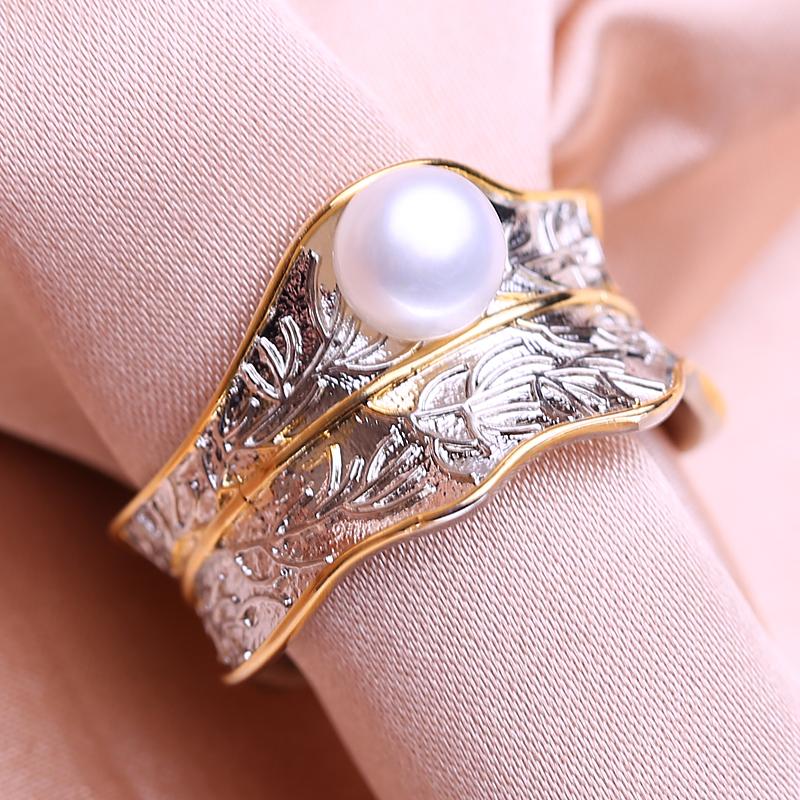 seniko Double Color Natural Freshwater Pearl Rings For Women Fashion Female Cubic Zirconia CZ Ring Pearl Jewelry Adjustable Ring