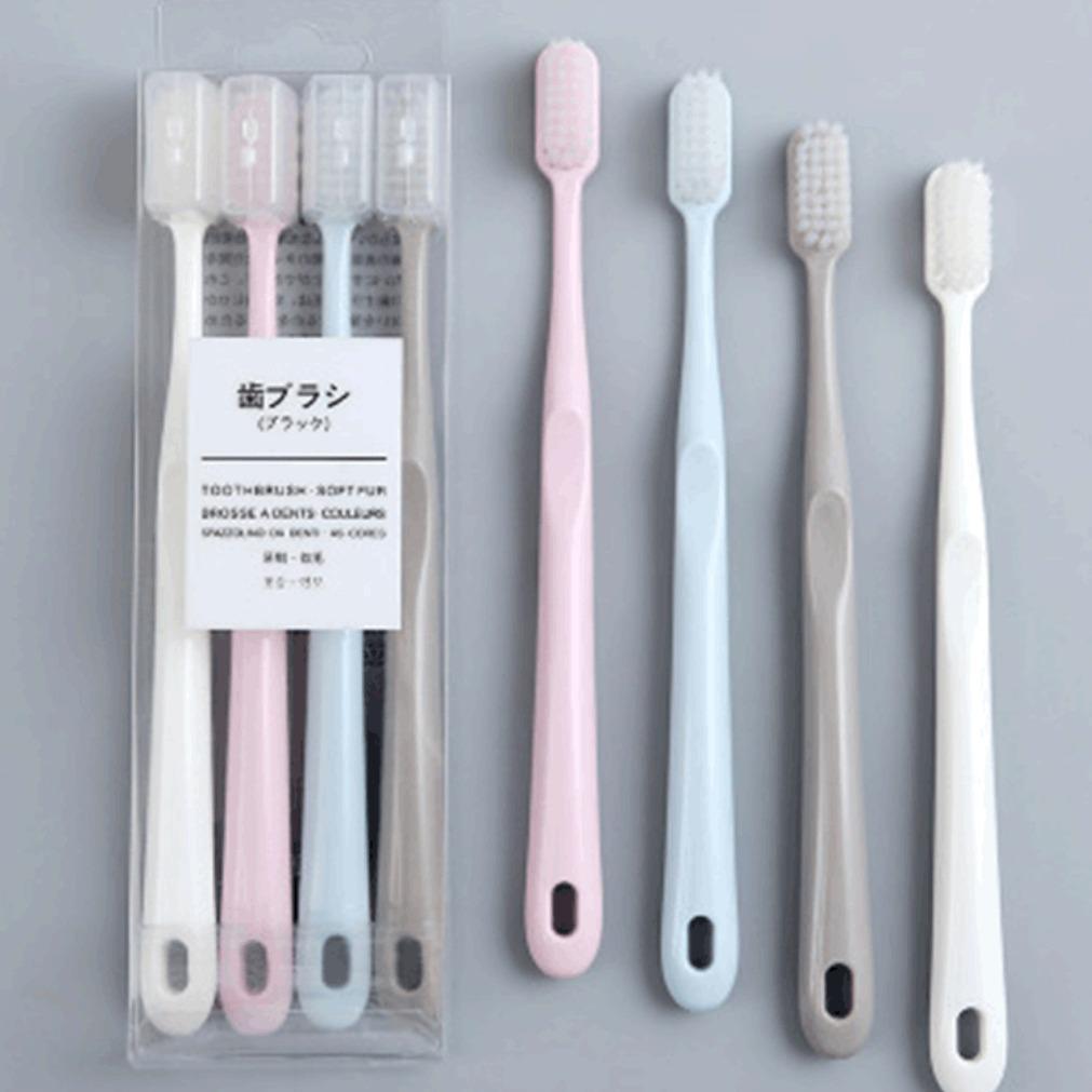 Macaron Bamboo Charcoal Toothbrush Set: 4 Large-Head, Ultra-Soft Bristle Brushes for Men & Women