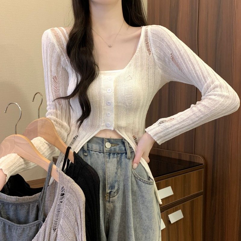 Gray Ripped Split Long Sleeve Knit Cardigan Women's Summer Thin Slightly See-Through Slim-Fitting Stylish Niche Top