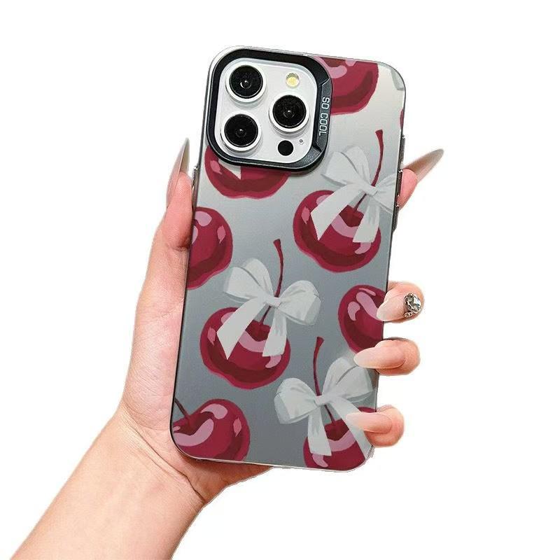 Cherry Color Silver Shell Bow Phone Case for Apple 17/16/15 Pro, 14 Pro Max, 13/12 Cross