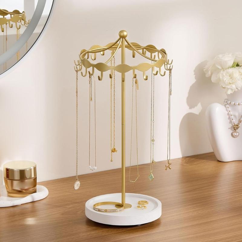 Iron Jewelry Display Stand with a Rotatable Upper Frame, Multiple Hanging Positions, and a Round Tray for Dresser Storage and Presentation