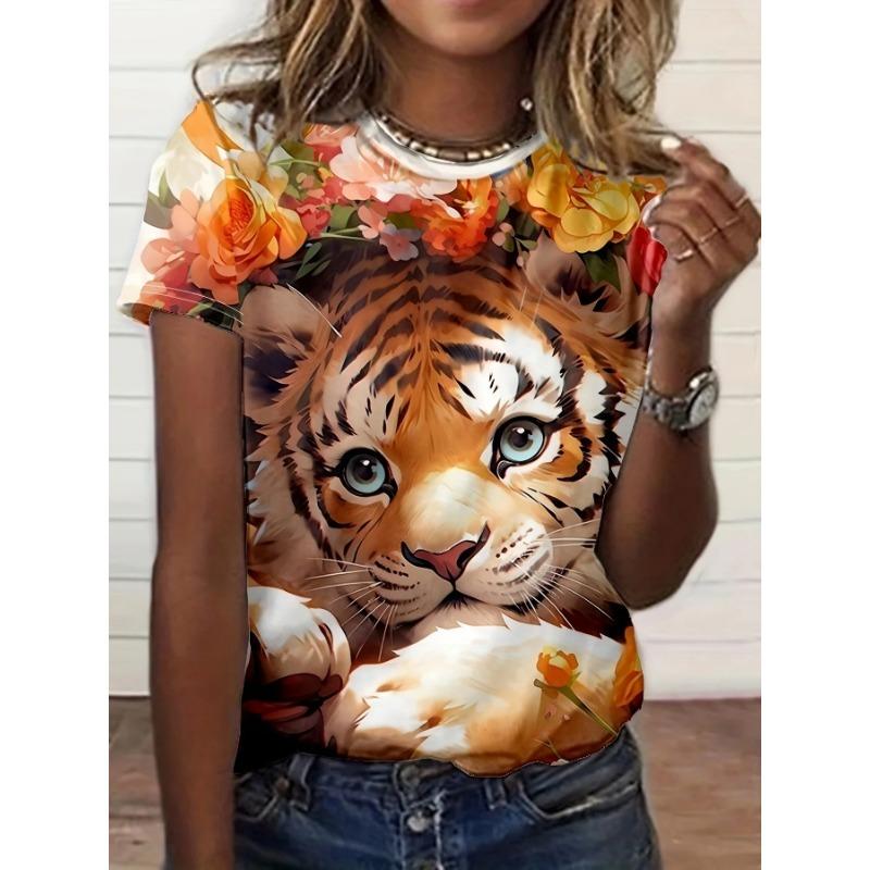 Summer Women's 3D Digital Printed T-shirt Creative Animal Pattern Round Neck Casual Short Sleeve Loose Fashion Top