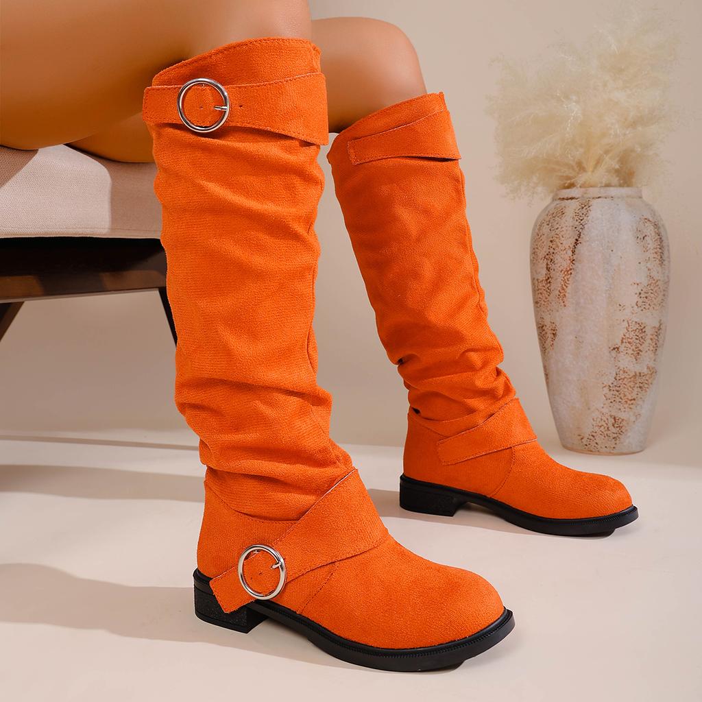 Fashion Women Ankle Boots Belt Buckle Cotton Shoes Women Autumn Winter Thick Heel Long Boots Western Style Pleated Flat Boots Women