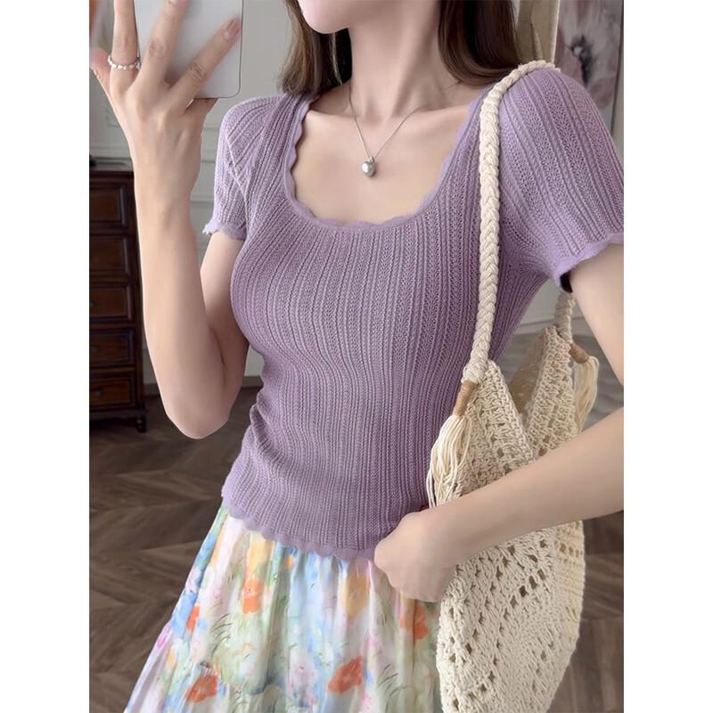 

JK&JS Women s Square Collar Slim Fit Short Sleeve Knit Top One Size