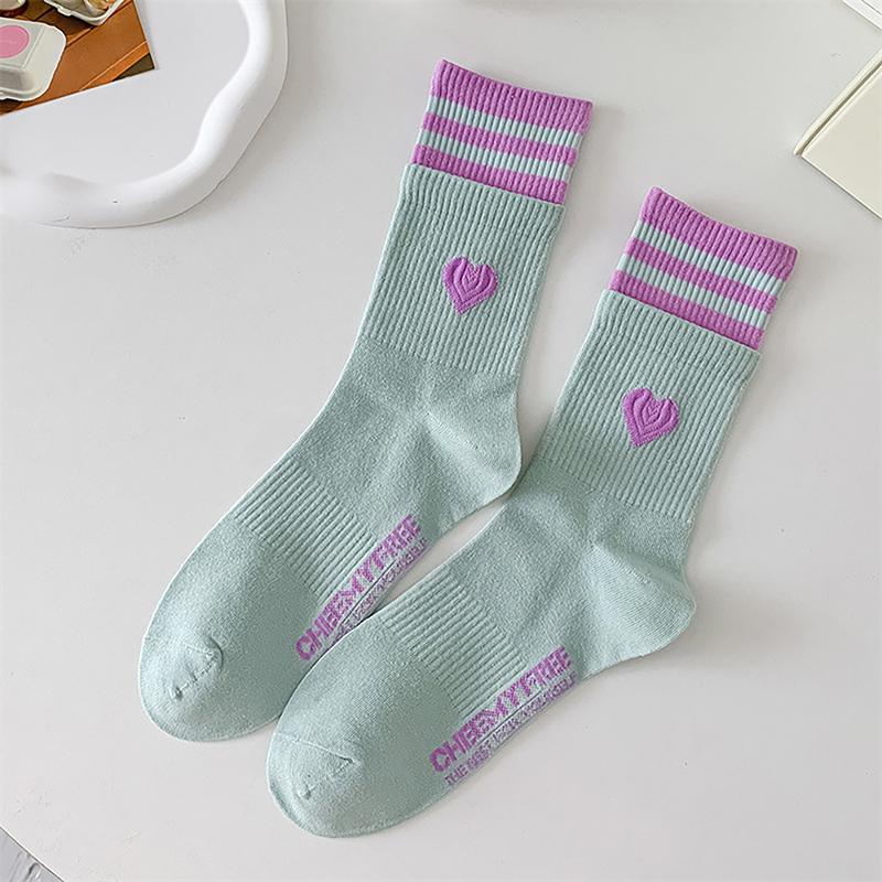 Sweet Style Double Love Socks Macaroon Color Love Heart Embroidered Cotton Sock Harajuku Striped Socks