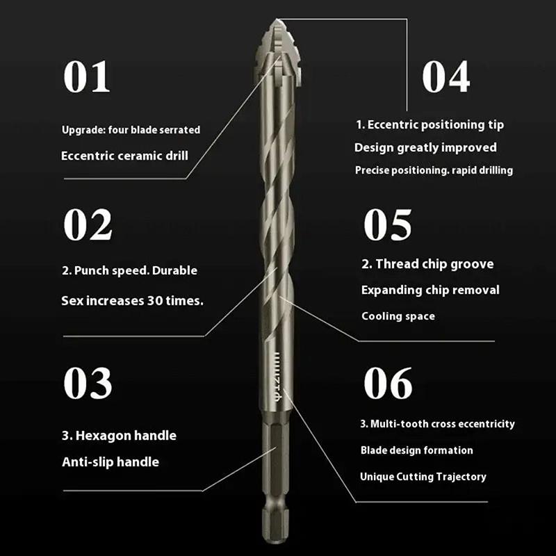 Four-Edged Eccentric Drill Bit Skewed Head High Hardness Tile Drill Bit Serrated Concrete Drill Bit Set Drilling Tool