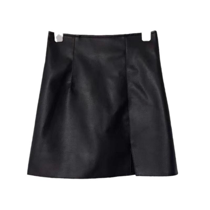 Women's Black High-Waist Bodycon Midi Skirt with Slit - Sexy Leather Pencil Skirt for Autumn/Winter