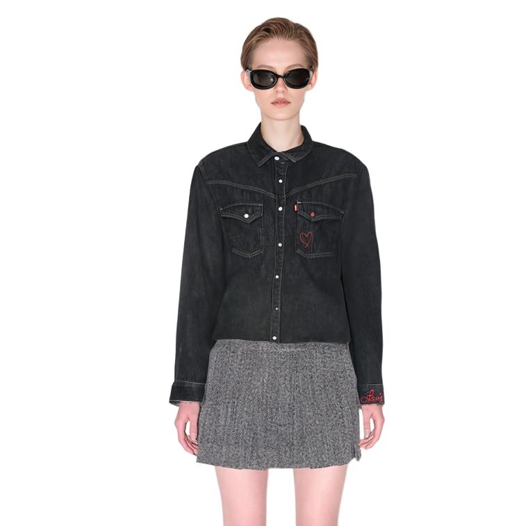 Levis 90er Vintage Serie Bedruckte einreihige Jeansjacke Damenjacken Schwarz A1743-0021