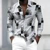 Men's Black and White Patchwork Block Fragment Printed Long Sleeved Shirt, Men's Slim Fit Trend Lapel, Business Casual Shirt