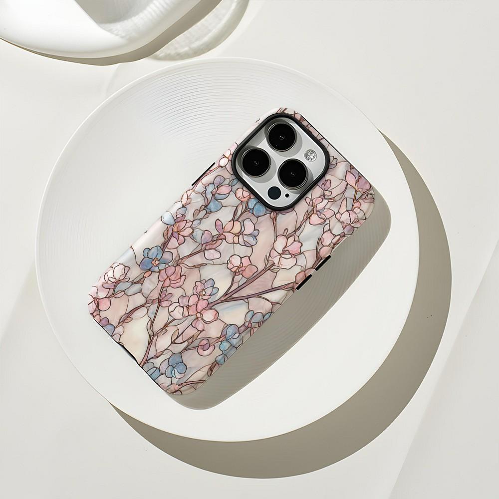 For iPhone 16 Pro Max Case Double Layer TPU + PC Heat Transfer Floral Design Glossy Phone Cover