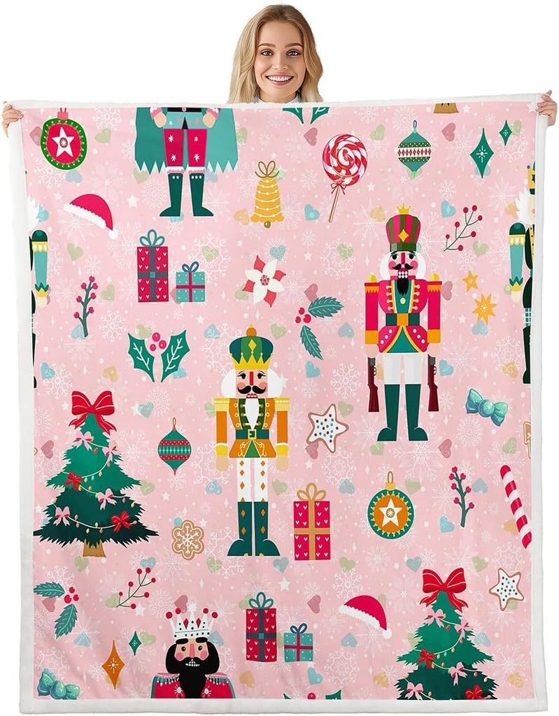 Pink Nutcracker Sherpa Throw Blanket for Couch Christmas Super Soft Cozy Fleece Xmas Cute Cartoon Blanket for Winter,Plush Throw