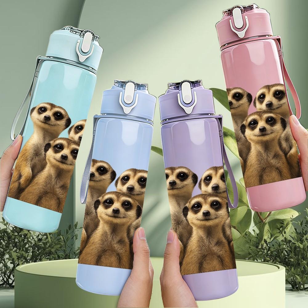 1PC Two Meerkat Standing Portrait 750ml Color Plastic Sports Water Bottle Leakproof Flip Straw Lid Suitable for Sports Office Home Use