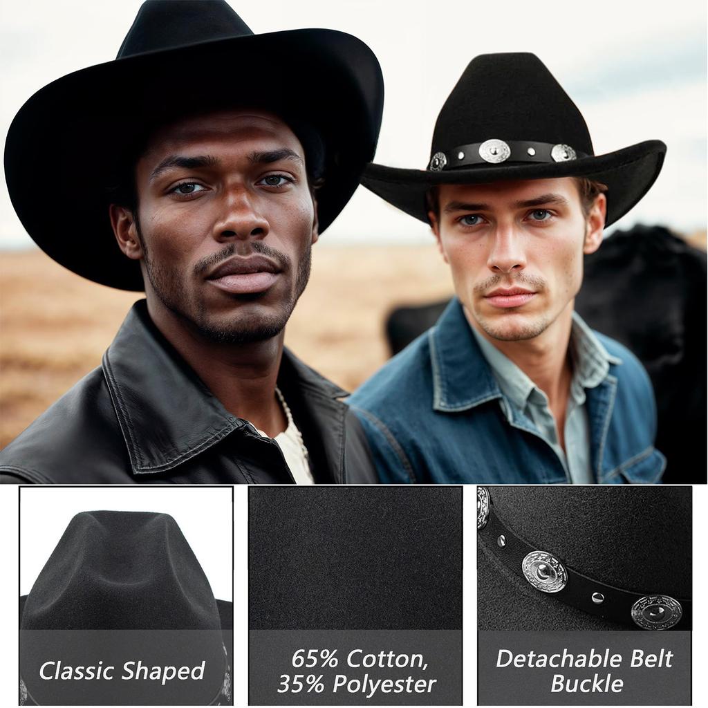 Felt Cowboy Hat for Women Men Rolled Wide Brim Cowboy Hats Western Hat with Buckle Belt Cowboy Cowgirl Hat
