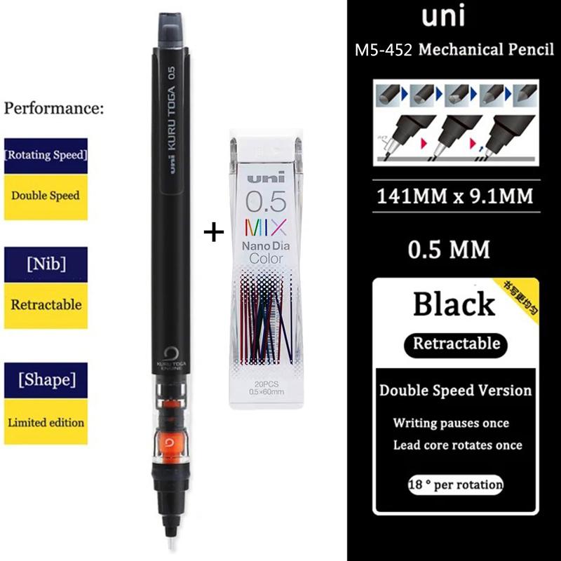 Japan UNI Mechanical Pencil KURUTOGA 0.5mm Non Breakable Lead Drawing Activity Pencil M5-452 School Art Supplies