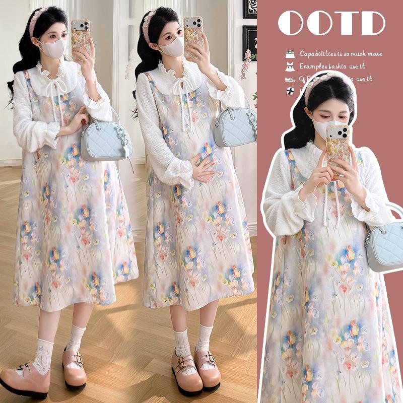 2026 Spring Korean Style Ombre Floral Maternity Dress XL