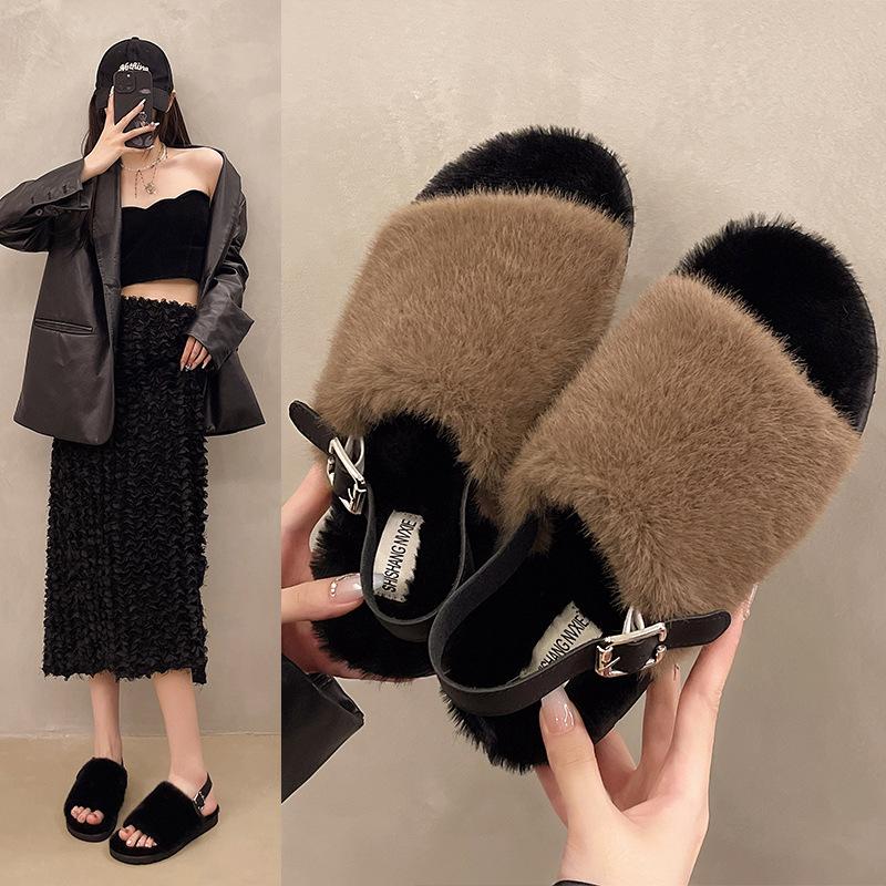 Foreign trade plush sandals women wear white fluffy shoes in winter women's new flat-soled fluffy slippers in autumn and winter 2024