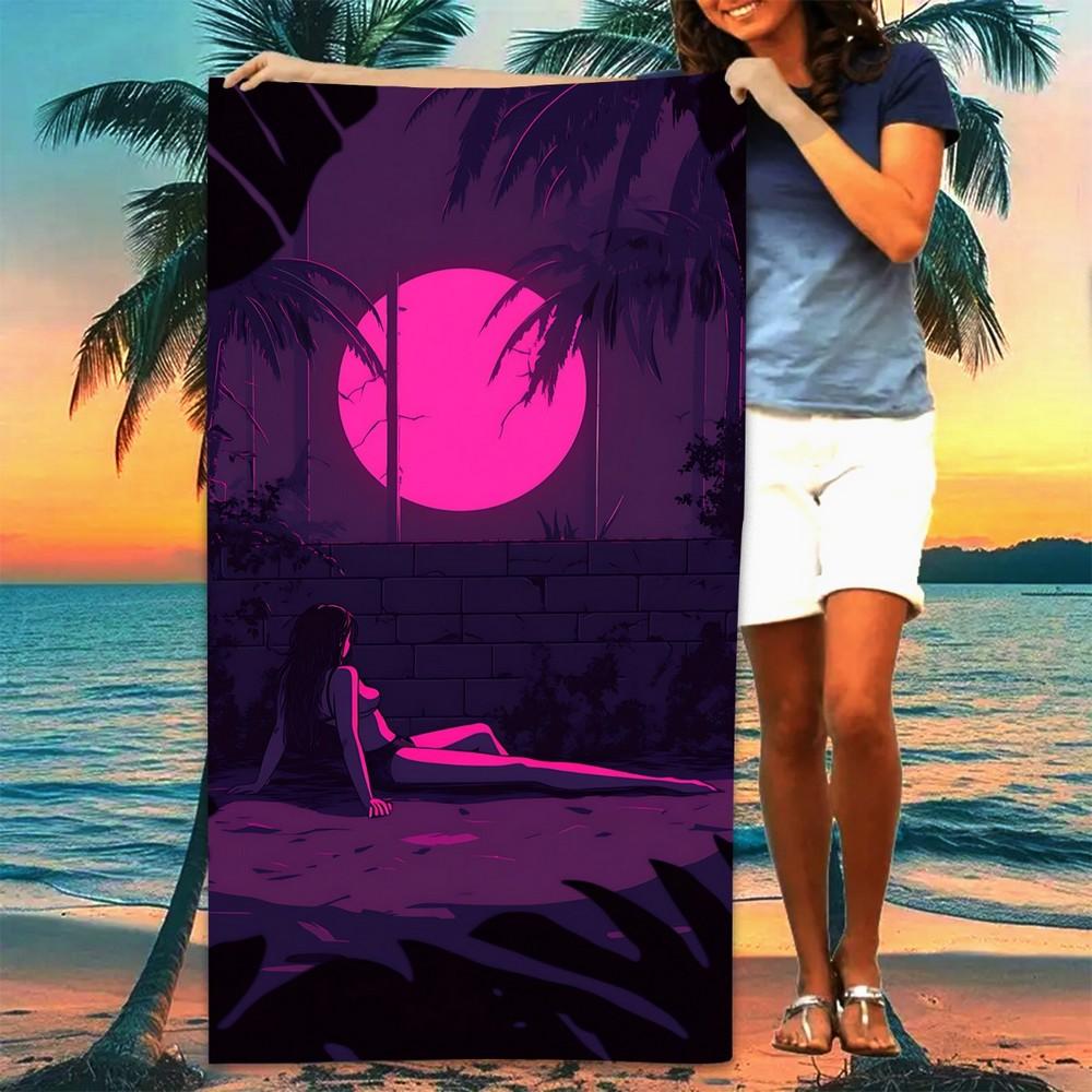 Vaporwave Sonnenuntergang Mädchen Strandtuch Gemustert Sonnenschutz Und Winddicht Geeignet Für Schwimmbad Camping Reise Decke
