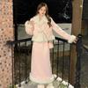 Winter Pink Warm Jacket Suits Korean Fashion Faux Fur 2 Piece Skirt Set Women Casual Y2k Blazers Coats + Mini Skirts Chic