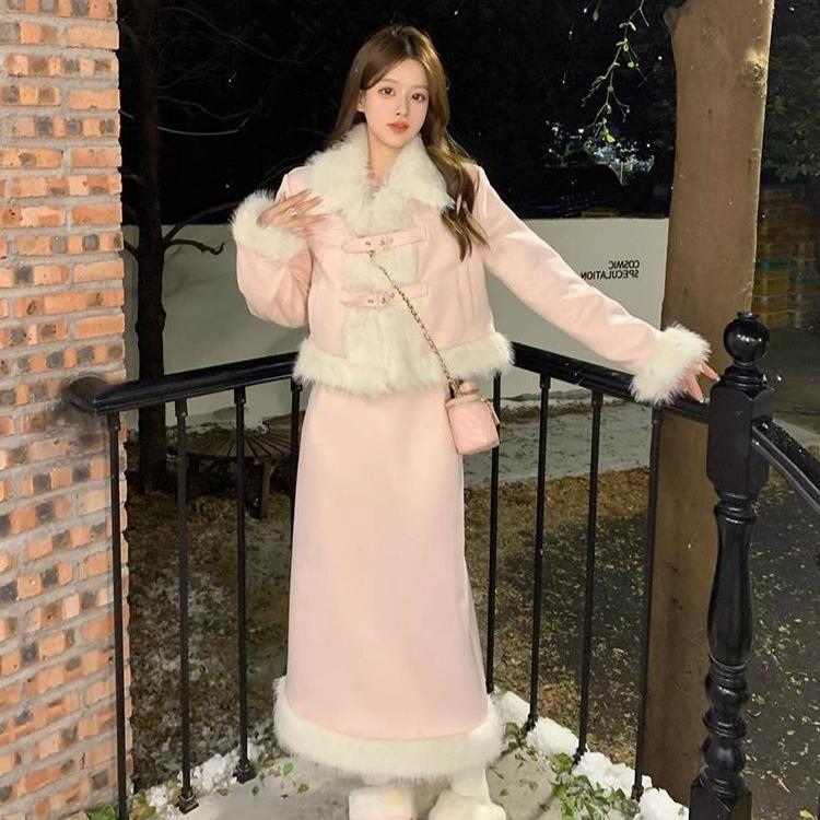 Winter Pink Warm Jacket Suits Korean Fashion Faux Fur 2 Piece Skirt Set Women Casual Y2k Blazers Coats + Mini Skirts Chic