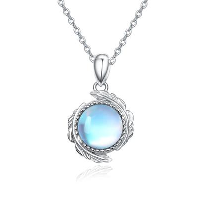 CUOKA MIRACLE Gemstone Necklace Feather Necklace 925 Sterling Silver Feather Moonstone Necklace Synthetic Rainbow Moonstone Pendant Chain for Women