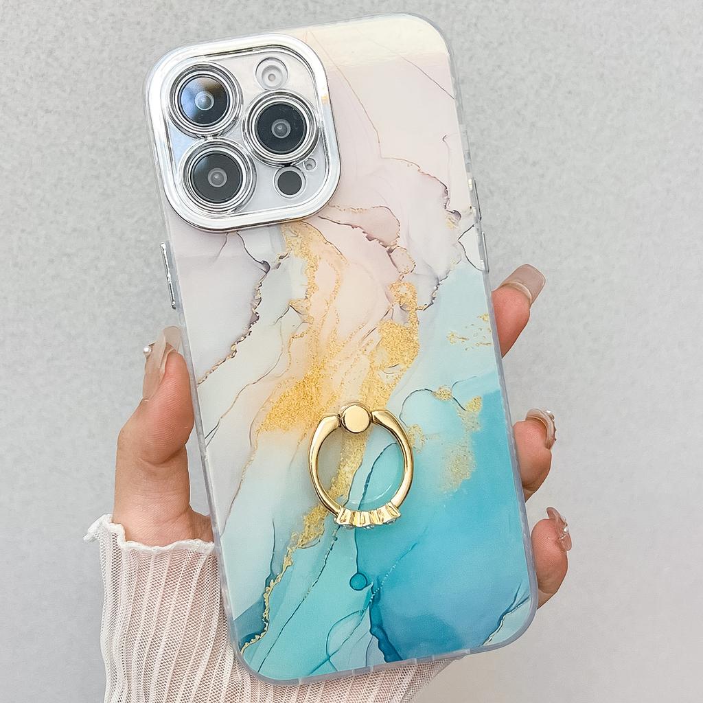 Ring Holder Case For Apple iPhone 16 15 14 Pro Max High Quality Marble IMD PC Stand Shockproof Phone Cover